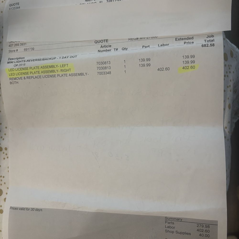 Tires Plus - An estimate I received from Tires Plus on 7/31/26 for replacement of both license plate light assemblies and the $769.55 total.. - Tires Near Me - Orlando, Florida Tires Plus - An estimate I received from Tires Plus on 7/31/26 for replacement of both license plate light assemblies and the $769.55 total.. - Tires Near Me - Orlando, Florida