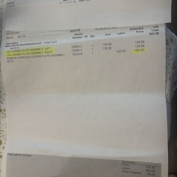 Tires Plus - An estimate I received from Tires Plus on 7/31/26 for replacement of both license plate light assemblies and the $769.55 total.. - Tires Near Me - Orlando, Florida