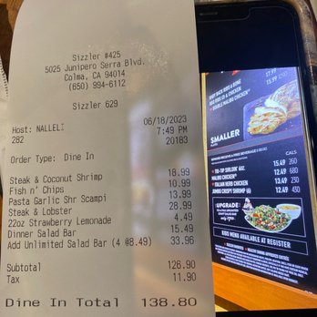 Sizzler - Price on the receipt and the price on the board is false advertising - Seafood Near Me - Colma, California Sizzler - Price on the receipt and the price on the board is false advertising - Seafood Near Me - Colma, California