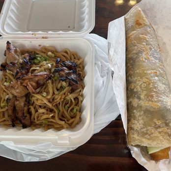 Asian Street Eatery - Grilled Chicken Dark Meat garlic noodle and Grilled Pork Zhua Bing Roll - Dim Sum Near Me - Sunnyvale, California Asian Street Eatery - Grilled Chicken Dark Meat garlic noodle and Grilled Pork Zhua Bing Roll - Dim Sum Near Me - Sunnyvale, California