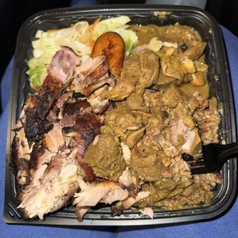 Peppers Jamaican belizean kitchen - Combo jerk chicken and curry goat (missing festival bread and only one plantain...) - Caribbean Near Me - Los Angeles, California