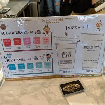 Ding Tea Duluth - Sugar and ice level information. Also, size information. Regular is 500 mL and large is 700 mL. - Coffee & Tea Near Me - Duluth, Georgia