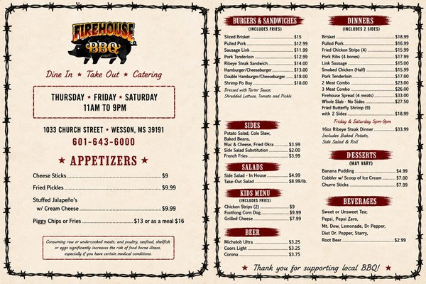 Menu photo 1 Firehouse BBQ Wesson, MS Menu photo 1 Firehouse BBQ Wesson, MS