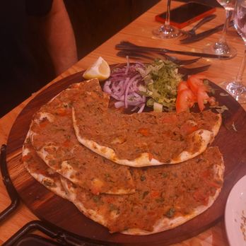Antioch Restaurant - Lahmacun... Flatbread topped with ground meat (lamb, beef) and vegetables - Mediterranean Near Me - Englewood, New Jersey Antioch Restaurant - Lahmacun... Flatbread topped with ground meat (lamb, beef) and vegetables - Mediterranean Near Me - Englewood, New Jersey