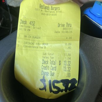 Redlands Burgers - Had to write actual price charge on my card then actual price - Breakfast & Brunch Near Me - Redlands, California Redlands Burgers - Had to write actual price charge on my card then actual price - Breakfast & Brunch Near Me - Redlands, California