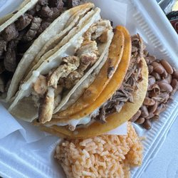 Taco Taco - Three taco plate.  Asada Taco, Pollo Taco, Birria Taco, rice and beans.