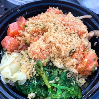 Ichi Poki & Ramen - Rice, salmon, spicy salmon( mixed with spicy Mayo, eel sauce, and garlic ponzu), ginger, and seaweed salad. Crunch tempura on top - Poke Near Me - Chino, California Ichi Poki & Ramen - Rice, salmon, spicy salmon( mixed with spicy Mayo, eel sauce, and garlic ponzu), ginger, and seaweed salad. Crunch tempura on top - Poke Near Me - Chino, California