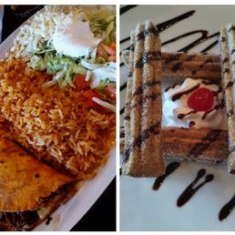 Birria tacos, rice, salad, and churros
