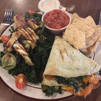 She Doesn't Like Guthries - 1/2 Kale Salad & 1/2 Apple Curry Quesadilla with chips salsa and sour cream, yum! - New American Near Me - Lewiston, Maine