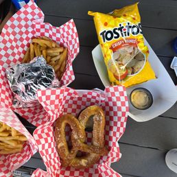 Here's the Nautica Club Nachos, Pretzel, ckn nuggets w fries.... The nuggets were in some kind of heatable bag & actually ok.