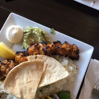 Sidewalk Grill - Dark meat chicken kabob with babaganoush (eggplant purée) and grilled veggies - Mediterranean Near Me - Los Angeles, California Sidewalk Grill - Dark meat chicken kabob with babaganoush (eggplant purée) and grilled veggies - Mediterranean Near Me - Los Angeles, California