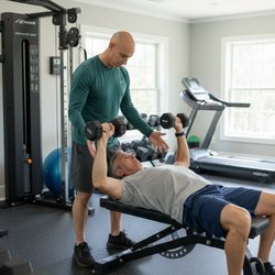 Optimal Personal Training - In-home personal trainer guiding proper barbell chest press form, Greenwich CT