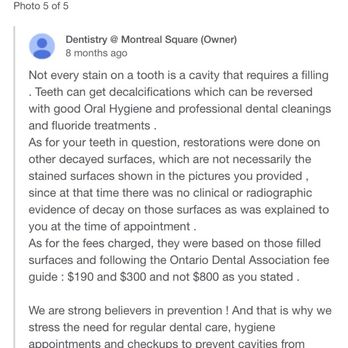 Dentistry @ Montreal Square - Response when I can tongue the holes, and lying about price. I have never been charged $190 and $300 was a rarity. It was mostly $400 - Cosmetic Dentists Near Me - Ottawa, Ontario Dentistry @ Montreal Square - Response when I can tongue the holes, and lying about price. I have never been charged $190 and $300 was a rarity. It was mostly $400 - Cosmetic Dentists Near Me - Ottawa, Ontario