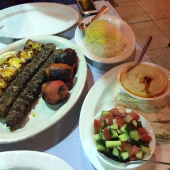 Kababbq Grill & Café - Boneless Chicken and Koobediah Kebabs with Shirazi, Hummus, and Saffron Rice - Persian/Iranian Near Me - San Rafael, California