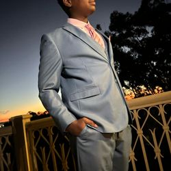 Mistero Mens Fashion - Client wearing 3 pc gray suit with pink shirt and tie for Home Coming $199.95