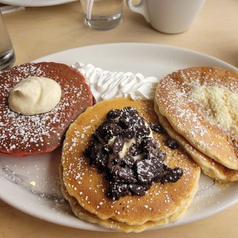The Jagged Fork - Pancake sampler! Red velvet, OREO, chunky monkey minus banana - Breakfast & Brunch Near Me - Ann Arbor, Michigan The Jagged Fork - Pancake sampler! Red velvet, OREO, chunky monkey minus banana - Breakfast & Brunch Near Me - Ann Arbor, Michigan