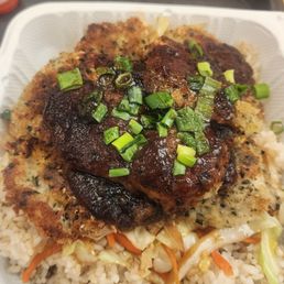 Furikake Fish - brown rice and veggies at the bottom
