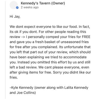 Kennedy's Tavern - An example of how the owner treats his customers for exercising their right to speak about their experiences honestly. - Pubs Near Me - New Braunfels, Texas Kennedy's Tavern - An example of how the owner treats his customers for exercising their right to speak about their experiences honestly. - Pubs Near Me - New Braunfels, Texas