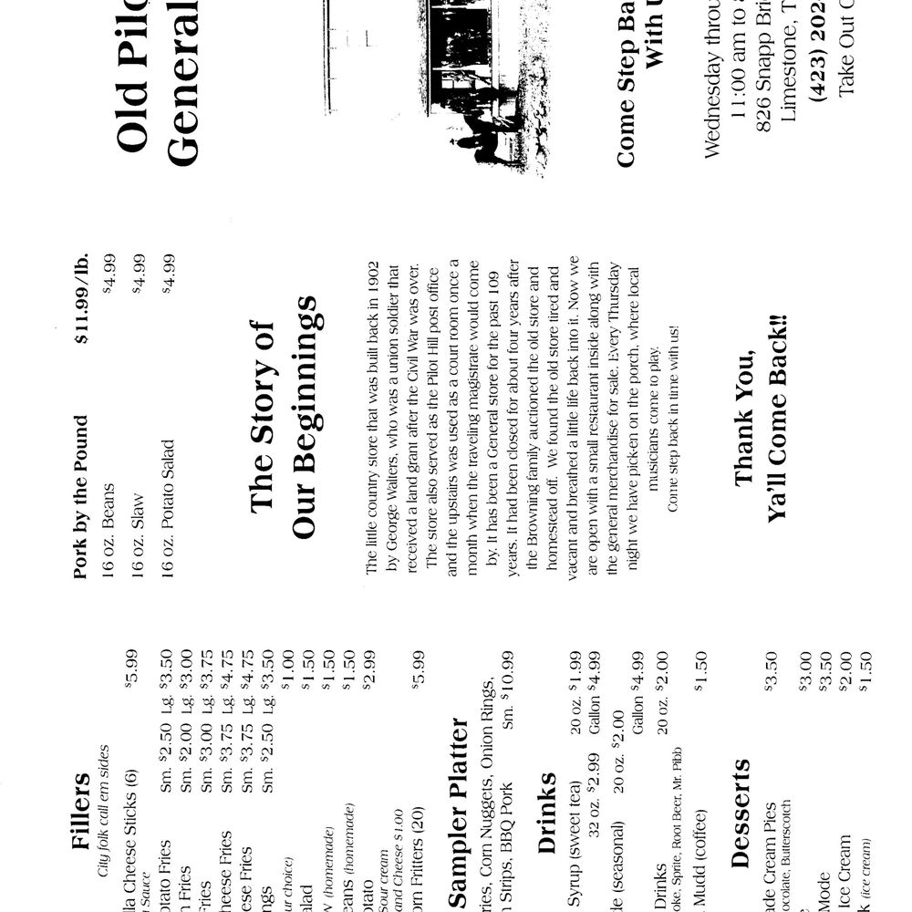 Menu Old Pilot General Store (Front) Menu Old Pilot General Store (Front)