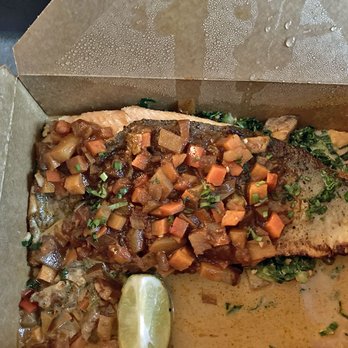 Chubby's Jamaican Kitchen - Pan-Seared Trout (with sweet potato, coco sautéed greens, and brown stew sauce) - Caribbean Near Me - Toronto, Ontario
