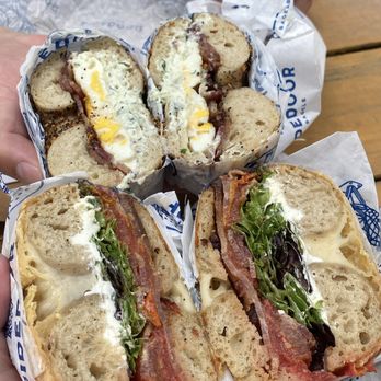 Sidedoor Bagel - Becky ( bacon, egg, schmear) and BLT (bacon, greens, tomato, and schmear) - Bagels Near Me - Indianapolis, Indiana