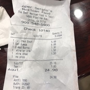 Super Sergio’s - Total spent without side of rice. Note extra charges for sour cream and cheese for the burrito. - Mexican Near Me - Chino, California Super Sergio’s - Total spent without side of rice. Note extra charges for sour cream and cheese for the burrito. - Mexican Near Me - Chino, California