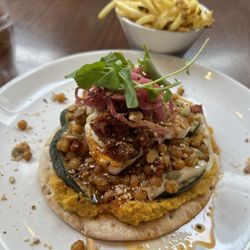 The Canal Bank Cafe - Chargrilled vegetable flatbread with carrot-butterbean hummus, and added halloumi + fries