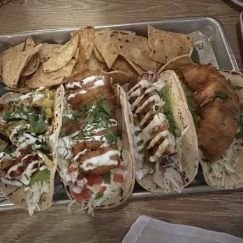 Pacific Catch - Guajillo Shrimp Taco, Cabo Shrimp Taco, Grilled Yellowtail Taco, Traditional Baja Taco (left to right, a la carte) - Seafood Near Me - Sunnyvale, California