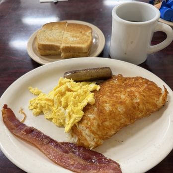 Happy Diner - Bacon and Egg (1 strip of bacon and 1 sausage link) - Breakfast & Brunch Near Me - San Pedro, California Happy Diner - Bacon and Egg (1 strip of bacon and 1 sausage link) - Breakfast & Brunch Near Me - San Pedro, California