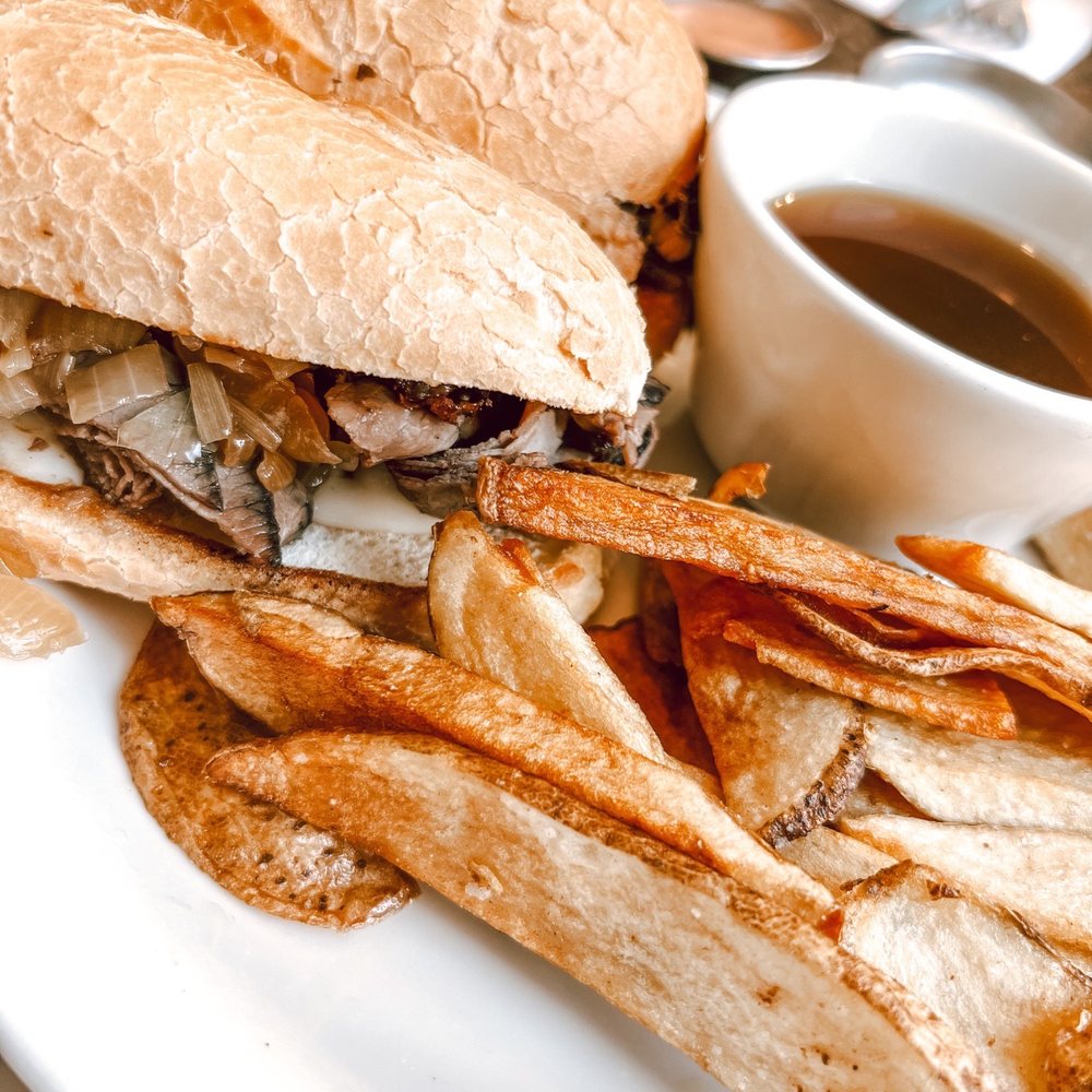 Mirror Lake Diner - French Dip (Aus Ju) with fries. Garlic Aioli in the side. - Diners Near Me - Kamas, Utah Mirror Lake Diner - French Dip (Aus Ju) with fries. Garlic Aioli in the side. - Diners Near Me - Kamas, Utah