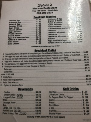 Menu photo 3 Sylvia's Mexican Restaurant Stockdale, TX