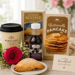Sunday dreams gift set with fresh hot coffee and scone baked in our bakery. This gift set includes pancake mix with gourmet syrup and scone
