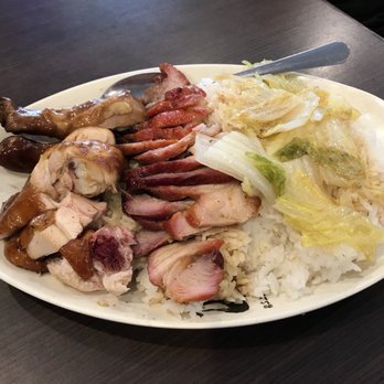 Yu Ki BBQ Kitchen  - 2 BBQ cuts on rice, with BBQ pork (char siu) and soy sauce chicken ($10.95). - Chinese Near Me - Vancouver, British Columbia