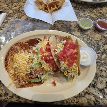 Cotija's Taco Shop - Two Shreaded Beef Tacos and Cheese Enchilada. With chips and Salsa - Mexican Near Me - Murrieta, California