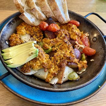 Bauhaus - Veggie Hash: soyrizo (tofu?) with potatoes, avocado, and salsa - Wine Bars Near Me - Modesto, California