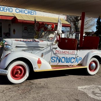 Delgadillo's Snow Cap Drive-In - 02.15.25 sliced the roof off of a 1936 Chevrolet hardtop, adorned the automobile with paint, horns & various automotive emblems - Burgers Near Me - Seligman, Arizona Delgadillo's Snow Cap Drive-In - 02.15.25 sliced the roof off of a 1936 Chevrolet hardtop, adorned the automobile with paint, horns & various automotive emblems - Burgers Near Me - Seligman, Arizona