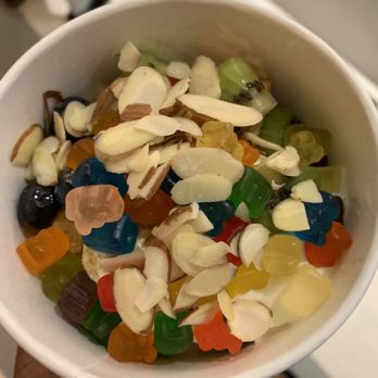 Olo Dessert Studio - Peanut butter (bottom), cake batter and vanilla (top) + blueberries, almonds, & gummy bears - Ice Cream & Frozen Yogurt Near Me - Albuquerque, New Mexico