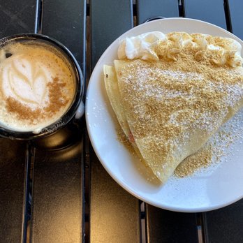 The Burrow Cafe - Strawberry cheesecake crepe + caramel cinnamon latte - Creperies Near Me - Albuquerque, New Mexico