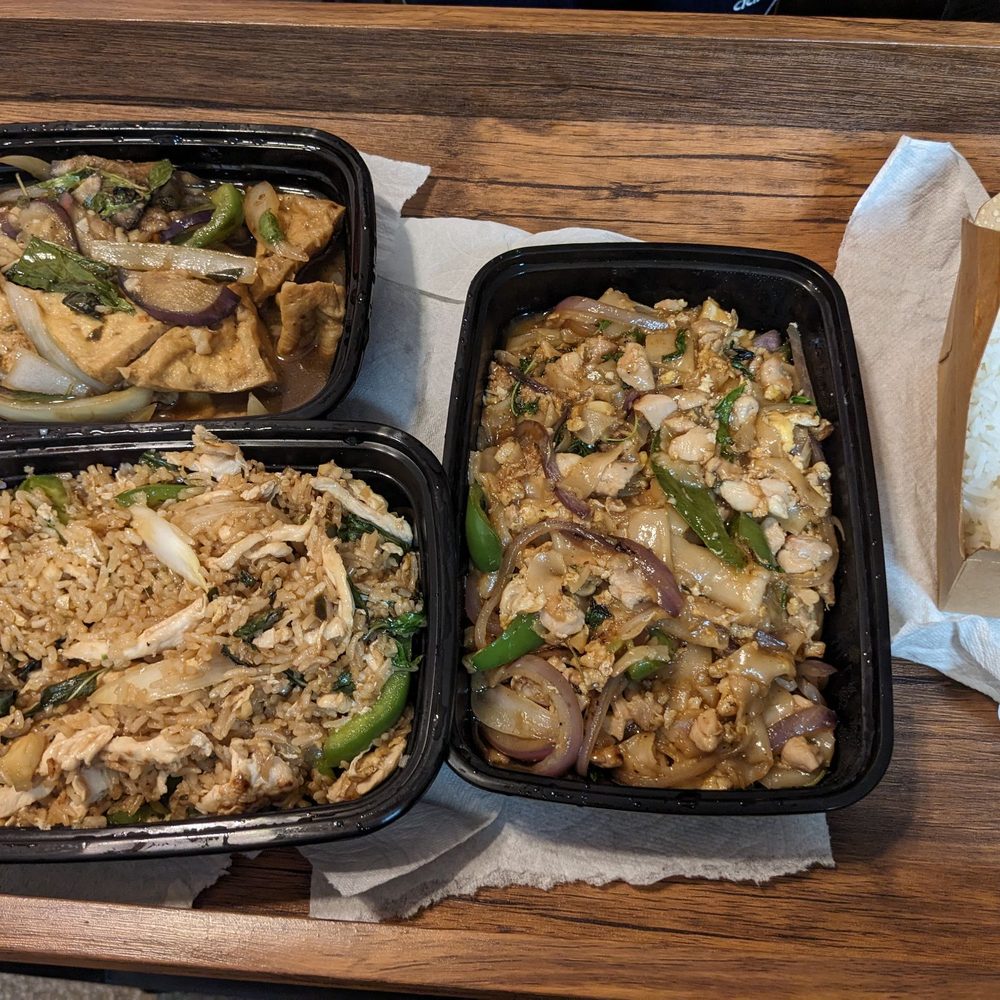 Firecracker purple tofu adventure (top L), Basil fried rice w/ chicken (bottom L), ka pow noodle (R), white rice comes w/ tofu Firecracker purple tofu adventure (top L), Basil fried rice w/ chicken (bottom L), ka pow noodle (R), white rice comes w/ tofu