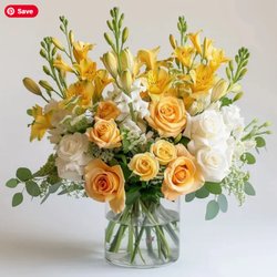 Texas Blooms And Gifts - Introducing our New Lemonade Bouquet!      a joyful mix of golden yellow roses, creamy white blooms - designed to bring sunshine inside!
