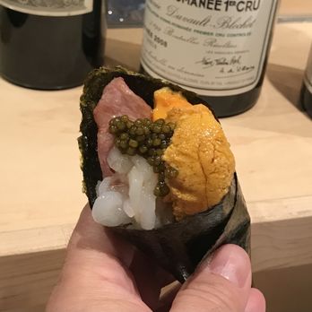 K’s Bistro - My own version of surf & turf hand roll. 2 kinds of uni with shiro ebi, caviar, and torched wagyu. - Sushi Bars Near Me - Costa Mesa, California