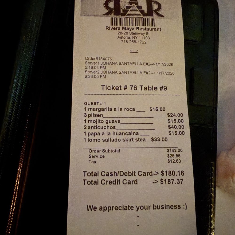 Riviera Maya - Birthday dinner receipt - Peruvian Near Me - Astoria, New York Riviera Maya - Birthday dinner receipt - Peruvian Near Me - Astoria, New York