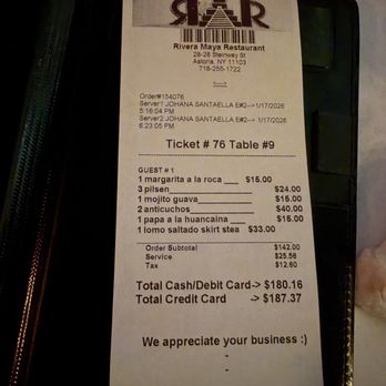 Riviera Maya - Birthday dinner receipt - Peruvian Near Me - Astoria, New York Riviera Maya - Birthday dinner receipt - Peruvian Near Me - Astoria, New York