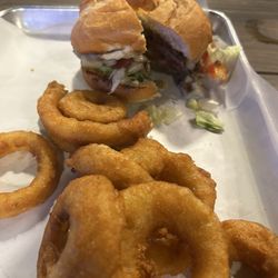 Buck Burger with Onion Rings