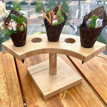 Aura Rooftop - Salmon Poke Hand Roll...YUM!! I only wish there was this 5-Roll Option...Why the empty holes? - Cocktail Bars Near Me - Charlotte, North Carolina