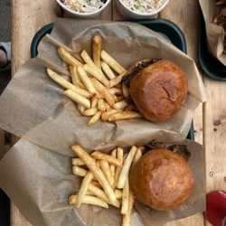 Acker's Acres - Chopped brisket sandwiches on brioche buns, with Cole slaw and French fries. The meat was very moist and tender, not one bit dried out!!