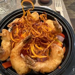 Tempura Shrimp Fat bowl noodles jalapeño teriyaki and Thai Curry sauces