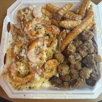 Family Ty's Good Eats - Family Ty's Original Seafood Rice with fries and fried okra - Caterers Near Me - Pensacola, Florida