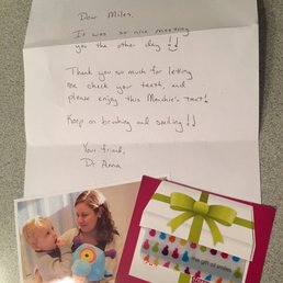Just got this in the mail a few weeks after his appointment - a letter, photo, and gift card to Menchies. What great customer service! Just got this in the mail a few weeks after his appointment - a letter, photo, and gift card to Menchies. What great customer service!