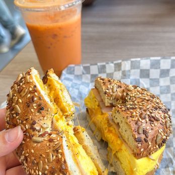 Gold Bean Cafe - thai tea and egg cheese bagel - Cafes Near Me - Berkeley, California